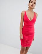 Rare Ruched Side Cross Back Mini Dress - Red
