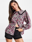 Miss Selfridge Oversized Poplin Collar Shirt In Cluster Floral-black