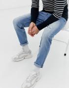 Only & Sons Carrot Fit Jeans In Light Blue Denim With Abrasion - Blue