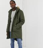 Another Influence Tall Faux Fur Hooded Fishtail Parka Jacket - Green