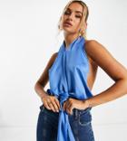 Asyou Satin Knot Front Halter Top In Blue-blues