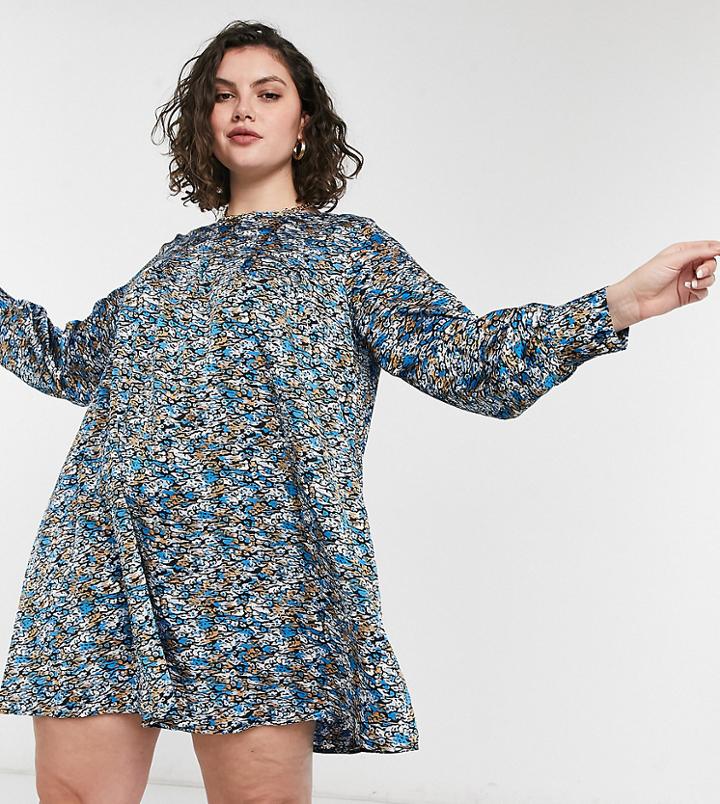 Vero Moda Curve Mini Smock Dress In Blue Print-multi