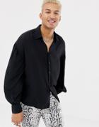 Asos Design Regular Fit Sateen Shirt With Bellowed Sleeves - Black