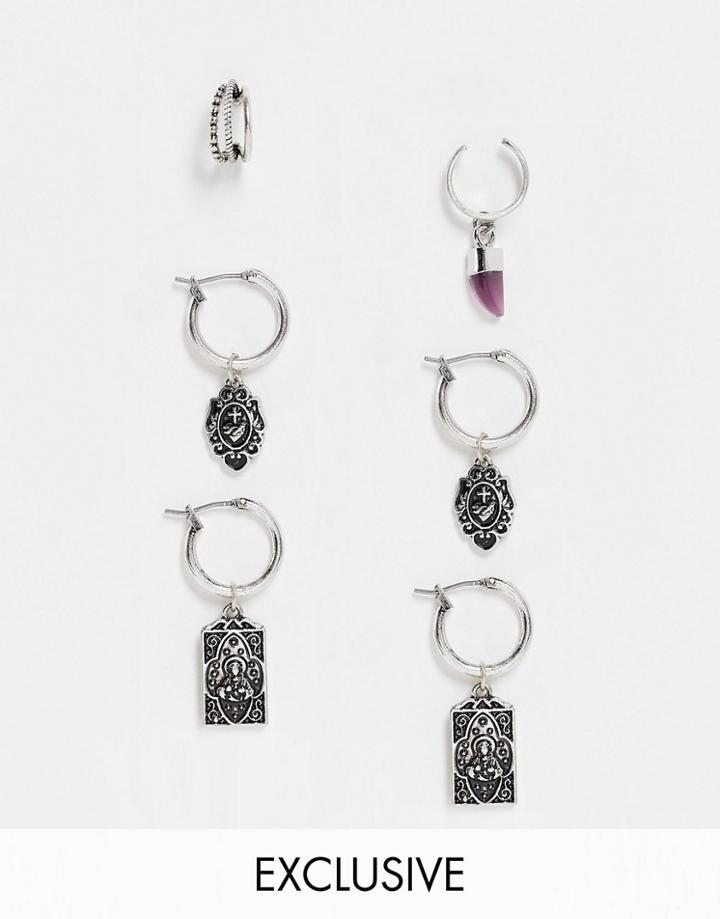 Reclaimed Vintage Inspired Hoop Earrings With Mixed Charms 3 Pack In Silver