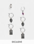 Reclaimed Vintage Inspired Hoop Earrings With Mixed Charms 3 Pack In Silver