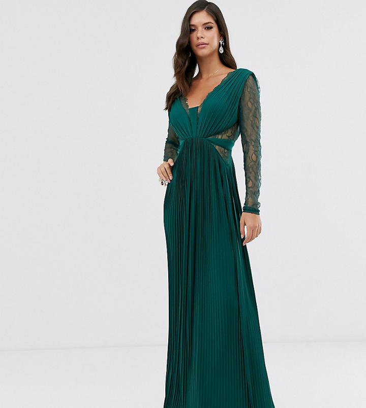 Asos Design Tall Lace And Pleat Long Sleeve Maxi Dress