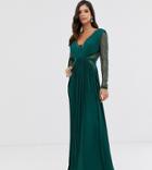 Asos Design Tall Lace And Pleat Long Sleeve Maxi Dress
