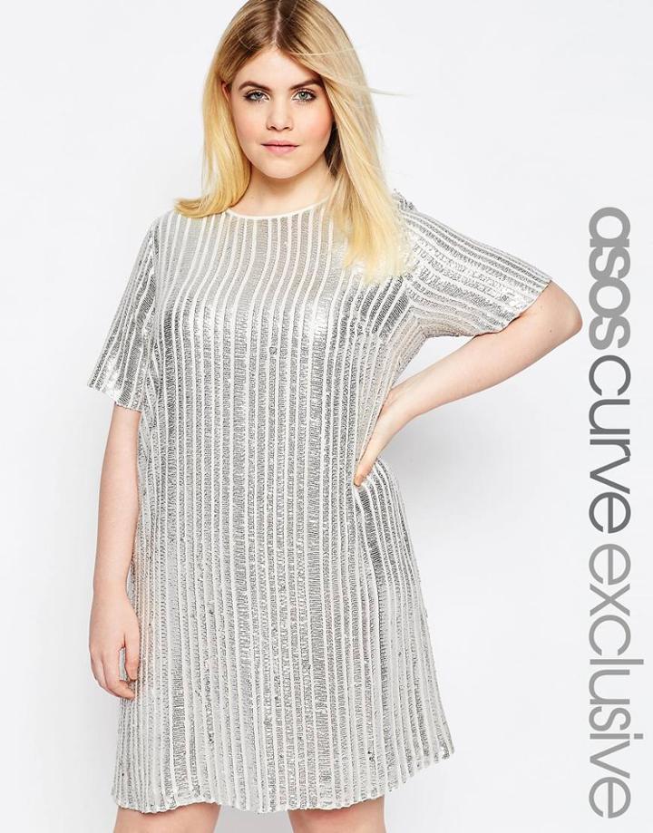 Asos Curve Shift Dress With Sequin Stripes - Silver