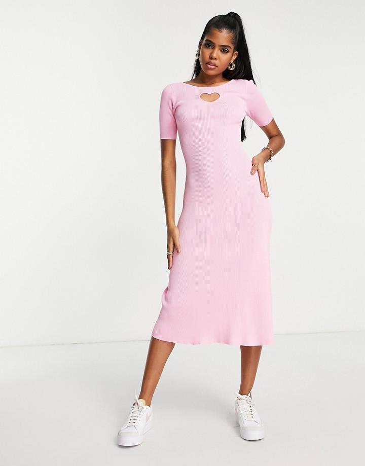 Urban Revivo Knitted Midi Dress With Cut Out Heart In Pink
