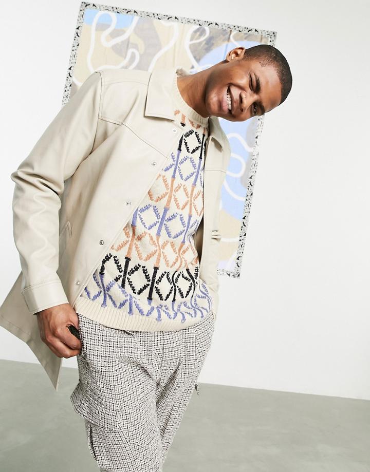 Asos Design Faux Leather Trench Coat In Sand-neutral
