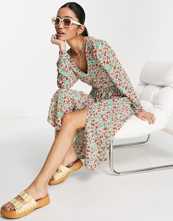 Monki Long Sleeve Midi Dress In Floral Print-multi