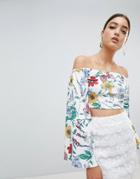 Prettylittlething Floral Bardot Crop Top With Back Tie - White