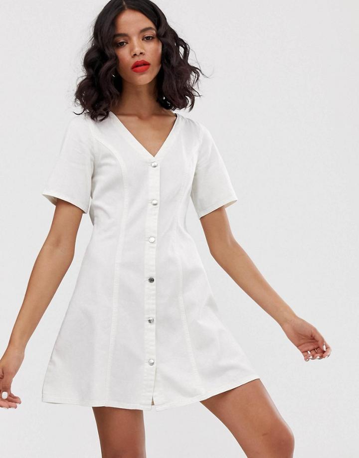 Monki Denim V-neck Short Sleeve Mini Dress In Off White