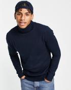 Brave Soul Cotton Roll Neck Sweater In Navy