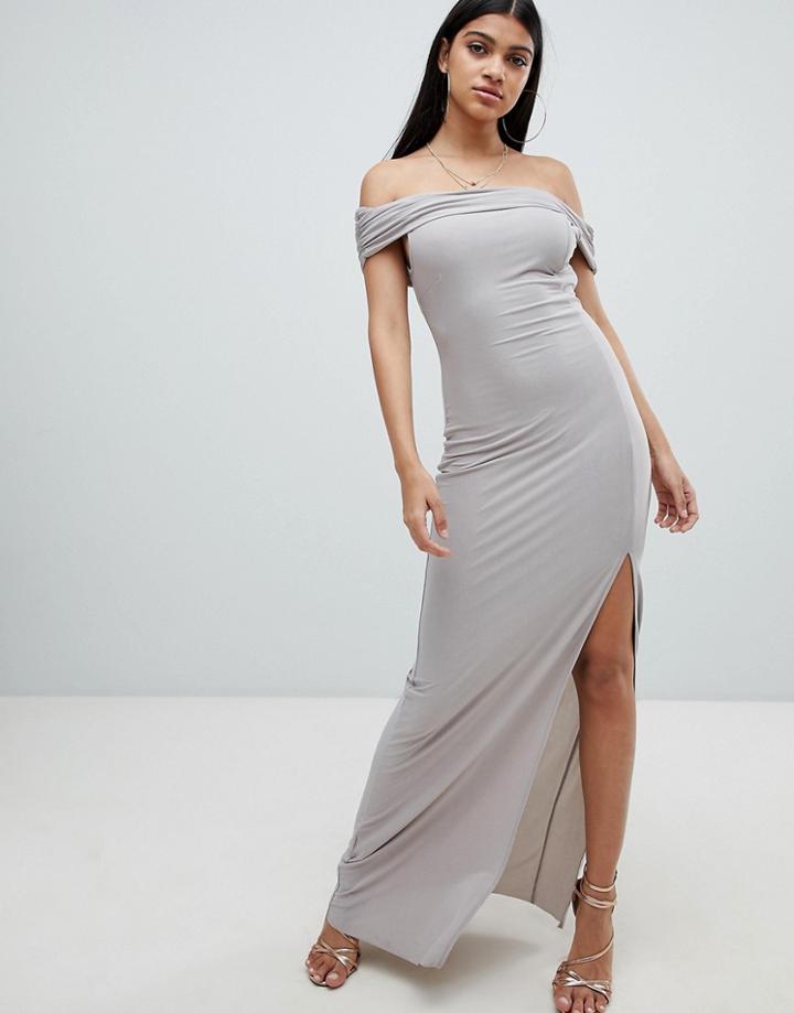 Ax Paris Bardot Maxi Dress With Side Split - Gray