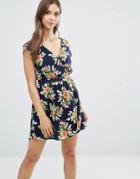 Madam Rage Wrap Front Dress In Floral Print - Navy