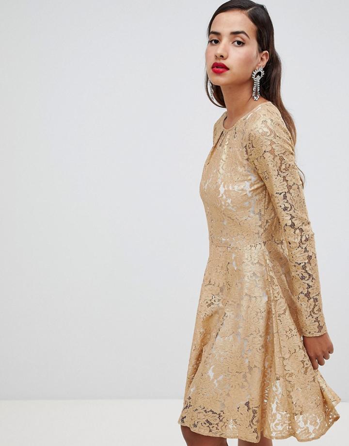 Closet London Pleated Front Lace Skater Dress-gold