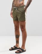 Asos Swim Shorts In Khaki With Side Tape Detail In Short Length - Green