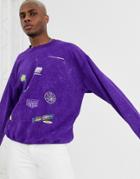 Reclaimed Vintage Oversized Sweatshirt With Logo Repeat Print-purple