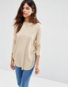 Asos Long Sleeve Top With Side Splits And Curve Hem - Stone
