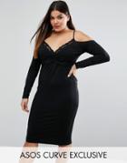 Asos Curve Crepe Midi Pencil Dress With Cold Shoulder And Lace Trim - Black
