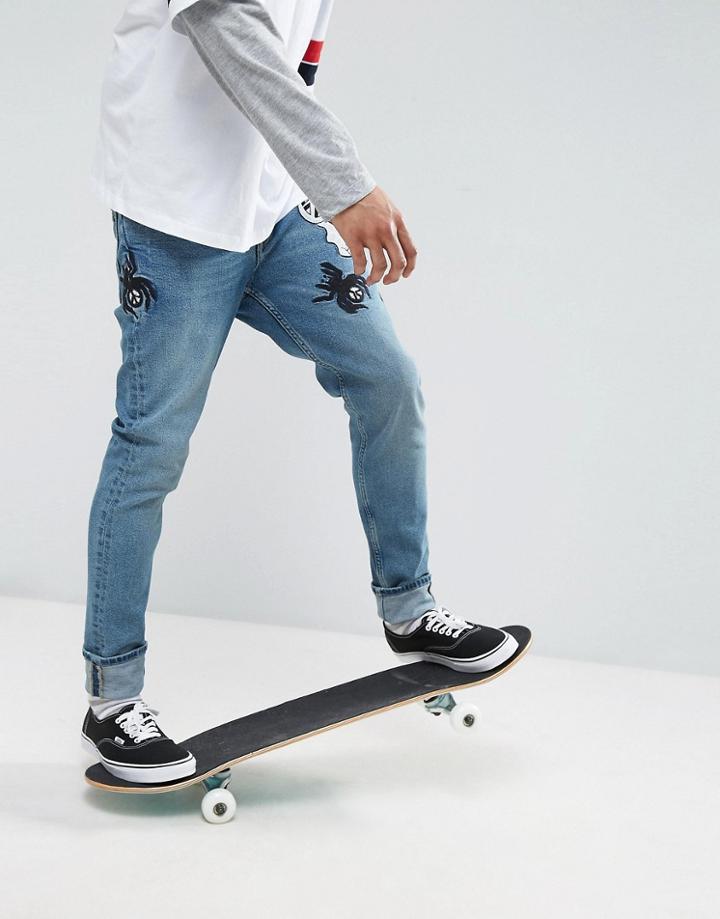 Asos X Lot Stock & Barrel Skinny Jean In Mid Blue With Embroidery - Blue
