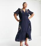 Hope & Ivy Plus Claudine Embroidered Dress In Navy