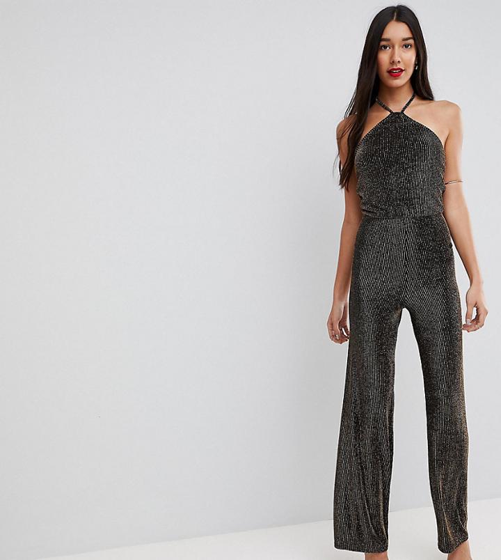John Zack Tall High Neck Glitter Wide Leg Jumpsuit - Gold