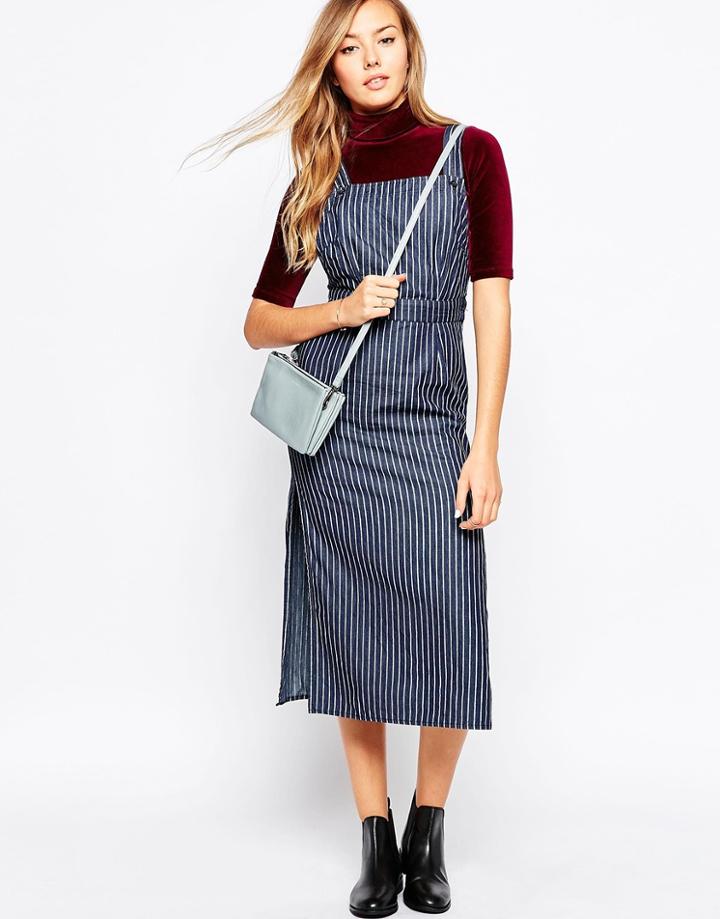 Motel Jerry Pinafore Dress In Denim Pinstripe - Denim