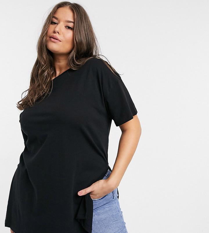Asos Design Curve Textured Longline T-shirt With Side Splits In Black