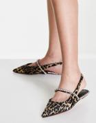 Asos Design Lizzie Embellished Slingback Ballet Flats In Leopard Satin-brown