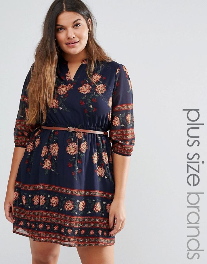 Yumi Plus Belted Dress In Floral Border Print - Navy