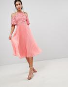 Asos Design Guipure Lace Top Midi Dress With Pleated Skirt-pink