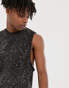 Asos Design Relaxed Longline Sleeveless T-shirt With Dropped Armhole In Splatter Wash In Black - Black