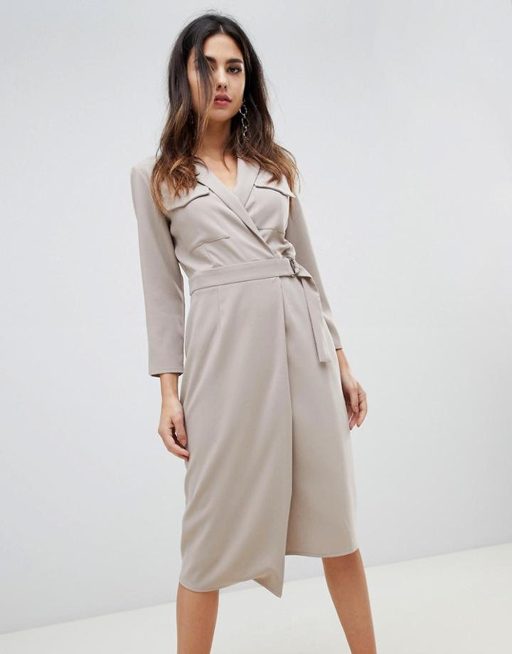 Asos Design Utility Midi Dress With Pockets And D-ring Belt - Gray