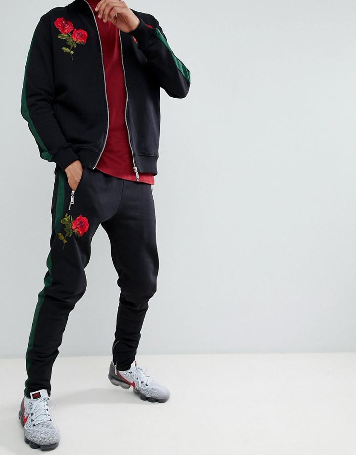 Criminal Damage Skinny Joggers In Black With Roses And Taping - Black