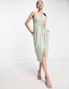 Closet London Sleeveless Wrap Midi Dress In Sage Green