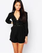 Influence Deep Plunge 70s Romper With Rivets - Black