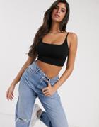 Asos Design Crop Cami With Square Neck And Skinny Straps In Black