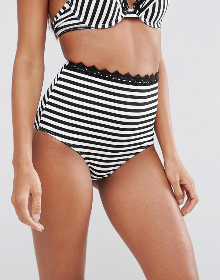 Asos Mix And Match High Waist Bikini Bottom In Stripe With Crochet Tri