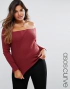 Asos Curve Long Sleeve Off Shoulder Top In Rib - Red