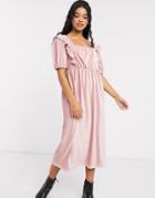 Asos Design Cord Frill Midi Dress-pink