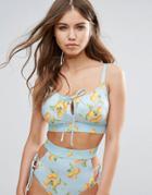 Asos Fuller Bust Lemon Print Tie Front Crop Bikini Top Dd-g - Multi
