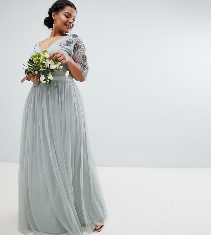 Maya Plus Embellished Tulle Sleeve Maxi Tulle Dress - Green