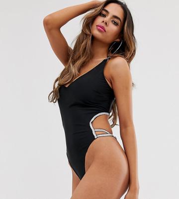 Wolf & Whistle Fuller Bust Exclusive Eco Silver Elastic Cut Out Swimsuit In Black D - F Cup - Black