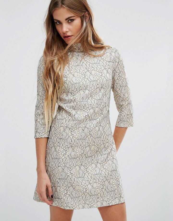 Fashion Union High Neck Skater Dress In Metallic Lace - Cream