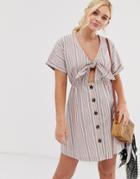 Gilli Button Down Mini Dress With Tie Front Detail In Stripe - Pink