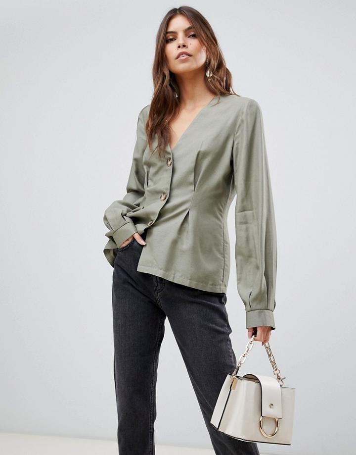 Asos Design V Neck Button Through Top With Pleat Detail - Green