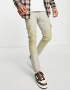 Asos Design Skinny Cargo Pants With Cut And Sew Panels In Beige-neutral