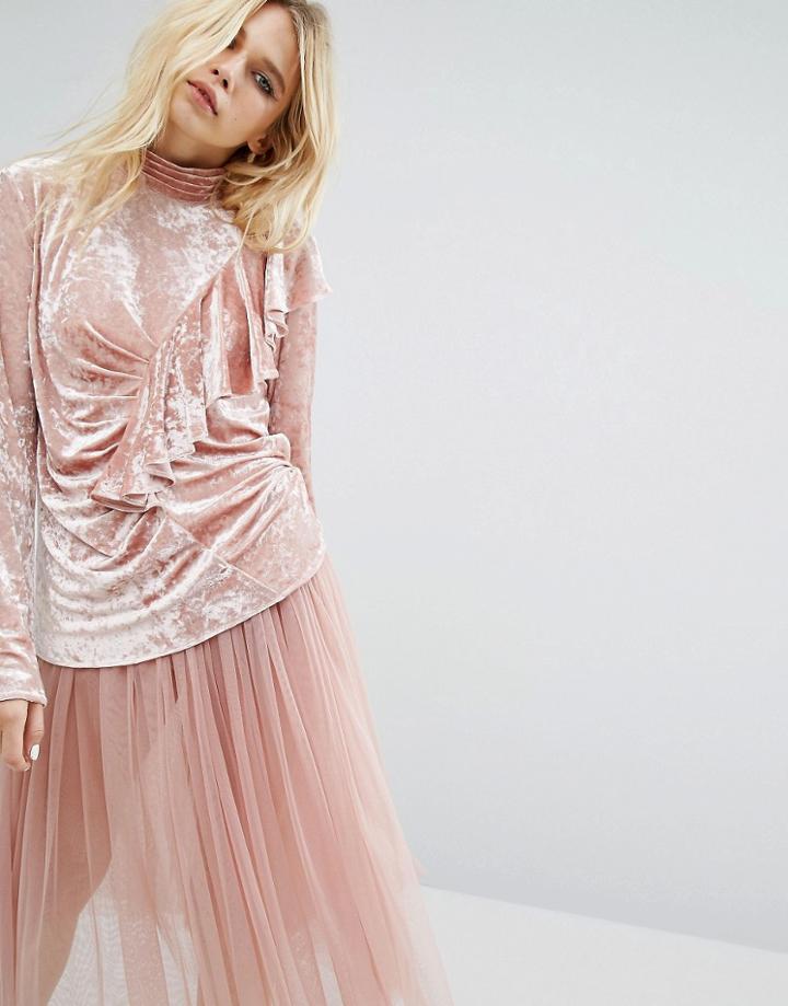 Sister Jane Ruffle Drape Top In Crushed Velvet - Pink